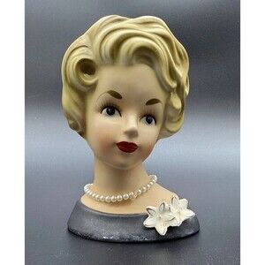 Vtg ARDCO Blonde Headvase Black Dress Flower Brooch Pearl Necklace  Read Read